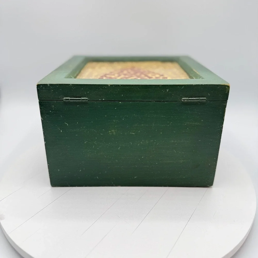 Vintage Wooden Green Lidded Box w/ Tile Mosaic Heart Cottagecore Country Chic